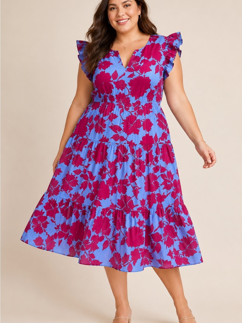 J.Crew Floral Flutter Sleeve Tiered Midi Dress Blue Pink Size 14